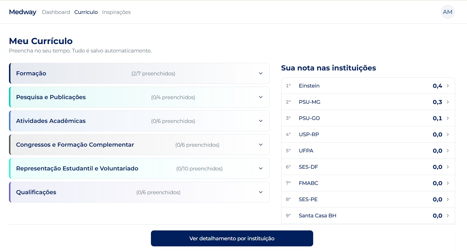 Tela do Medway Currículo mostrando seções de preenchimento e notas por instituição